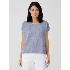 EILEEN FISHER Womens Sz L Blue Organic Cotton Linen Slub Square Boxy Knit Top